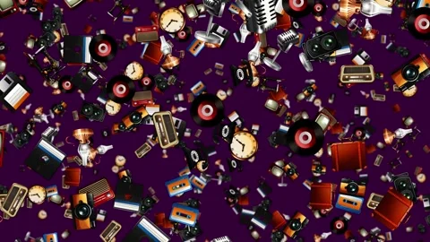 Retro Technology and Media Objects Falling Against Purple Background Stock Footage 330145222