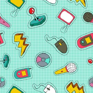 Retro technology patch icon seamless pattern Stock Illustration