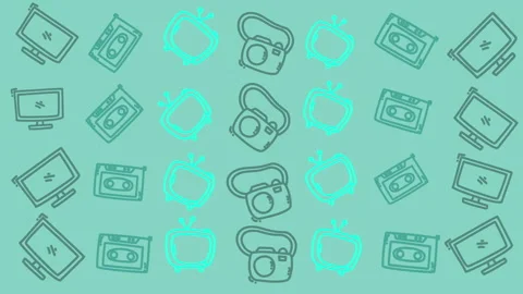 Retro Technology Pattern Animation Teal Background Computer Camera Cassette Stockbeeldmateriaal 340837028