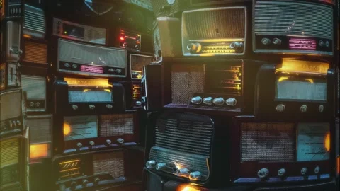 Retro Technology Pile of Old Radios Flickering Lights Stock Footage 152940970