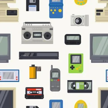 Retro technology vector vintage computer tech and old pc monitor with floppy Stock Illustration