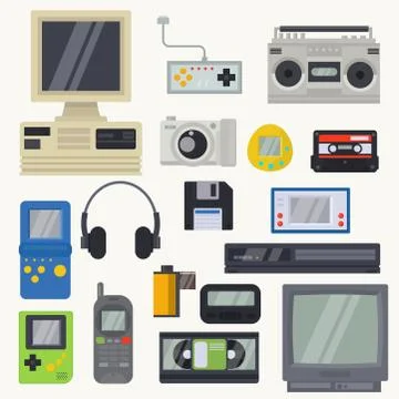 Retro technology vector vintage computer tech and old pc monitor with floppy Stock Illustration