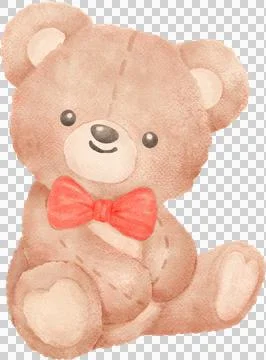 Retro Teddy Bear with Red Bow Tie Watercolor Stock Illustration