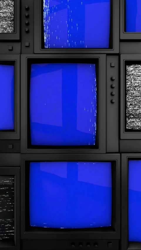 Retro televisions with blue chroma key screens and VHS static. Vertical video. Stock Footage 317757195