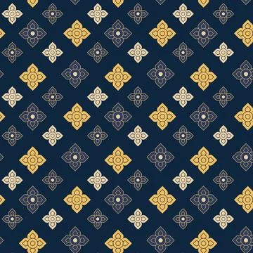Retro Thai Floral Seamless Pattern with Geometric Lotus Motifs on Dark Blue.. Stock Illustration