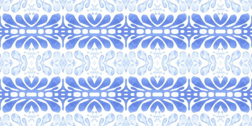 Retro tile pattern. Seamless azulejo design. Watercolor portuguese ornament. Stock Illustration