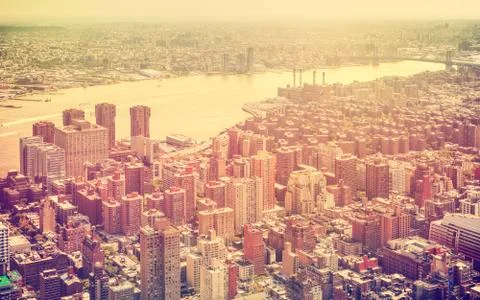 Retro toned aerial view of New York City, USA. Stock Photos