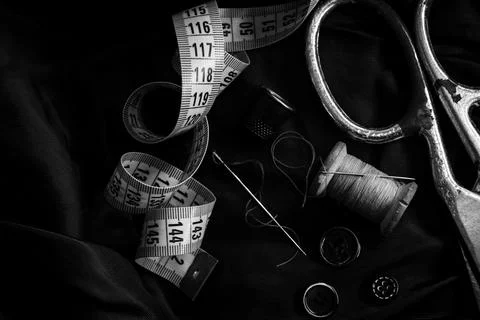 Retro tools for the work of a tailor, seamstress, fashion designer. Needle Stock Photos