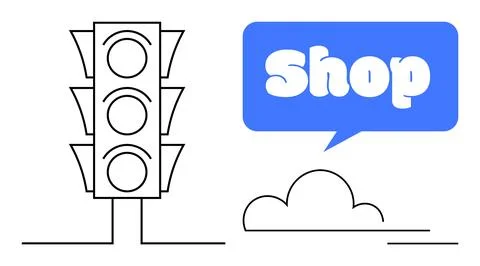 A retro traffic light stands next to a blue speech bubble with the word Shop, Stock Illustration
