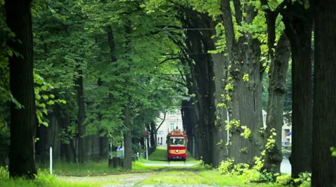 Retro tram and runner Stock Footage 53870188