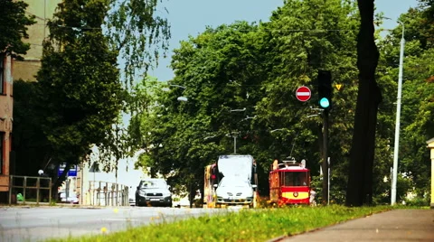 Retro tram to the modern tram background Stock Footage 53870748