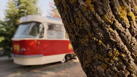 A retro tram, a true time machine, takes us back to the era of old city streets Stock Footage 300349569