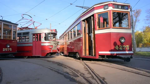 Retro trams in the tramway depot in St. Petersburg, Russia Stock Footage 122122164