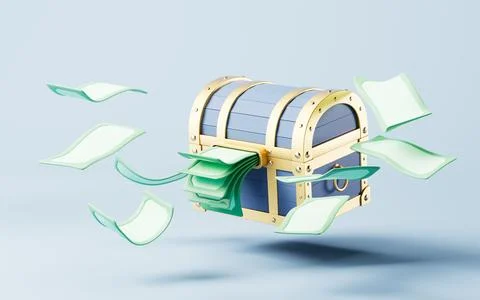 Retro treasure box and fly money, 3d rendering. Stock Illustration
