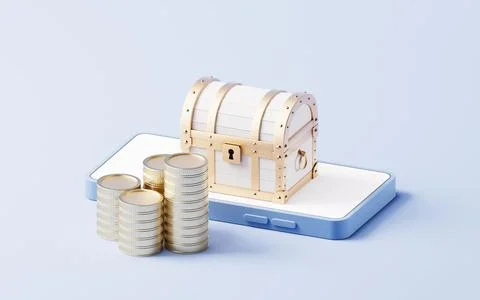 Retro treasure box on the cellphone, 3d rendering. Stock Illustration