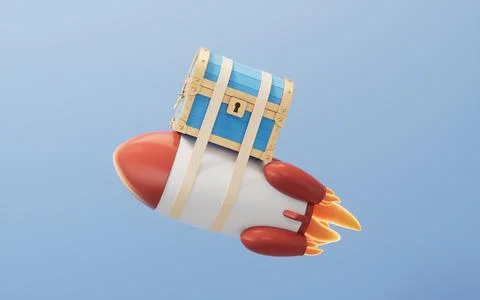 Retro treasure box on the rocket, 3d rendering. Stock Illustration