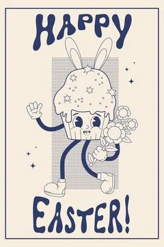Retro trendy groovy easter cake cupcake with bunny ears. Vintage cartoon ch.. Stock Illustration