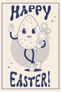 Retro trendy groovy easter egg with flowers power. Modern cartoon vintage c.. Stock Illustration