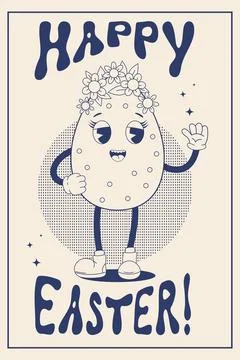 Retro trendy groovy easter egg in flower wreath. Modern cartoon character v.. Illustrazione stock