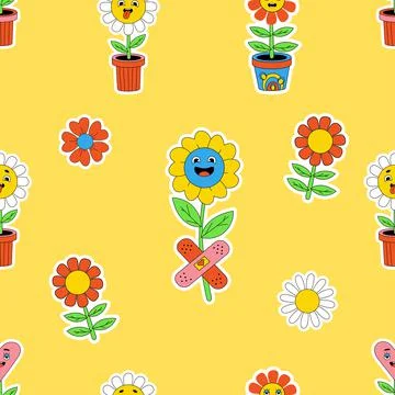 Retro trendy seamless pattern with 70s, 80s, 90s vibes groovy elements. Stick Stock Illustration