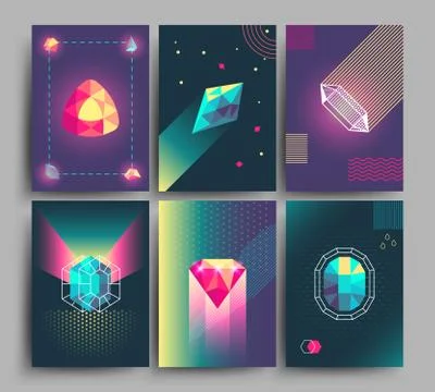 Retro trendy vector hipster posters, 3d card with crystals, abstract geometric Ilustração Stock
