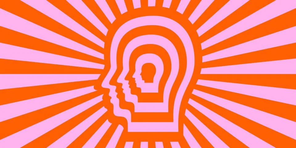 Retro trippy psychedelic background. Red and pink groovy head with ray burst Stock Illustration