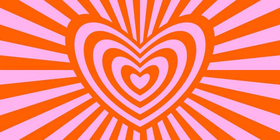 Retro trippy psychedelic background. Red and pink groovy heart with ray burst Stock Illustration