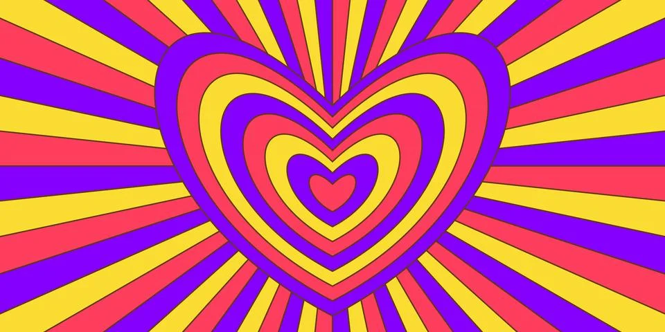 Retro trippy psychedelic background. Red and pink groovy heart with ray burst Stock Illustration
