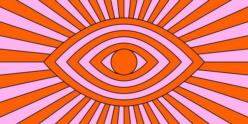 Retro trippy psychedelic background. Red and pink groovy evil eye with ray burst Stock Illustration