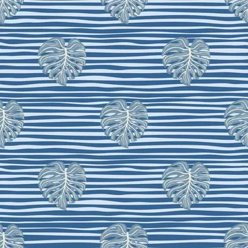 Retro tropical seamless pattern with monstera leaves on stripe background. Stock Illustration