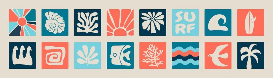 Retro tropical surf vector set featuring waves, sun, surfboards, and palm t.. Stock Illustration