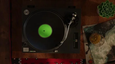 Retro turntable with green screen center label Stock Footage 343496838