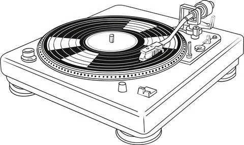 Retro Turntable Playing Vinyl Record with Stylus and Deck Detail Stock Illustration