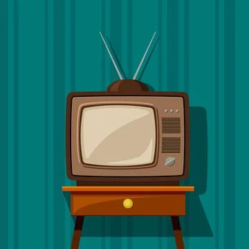 Retro TV on bedside table illustration. Classic brown tube design for video and Stock Illustration