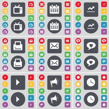 Retro TV, Calendar, Graph, Printer, Message, Chat bubble, Media icon symbol. A l Stock Illustration
