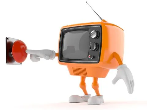 Retro TV character pushing button Stock Illustration
