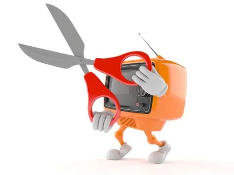 Retro TV character with scissors Stock Illustration