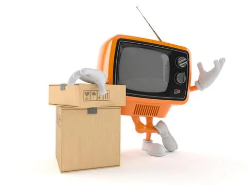Retro TV character with stack of boxes 스톡 일러스트