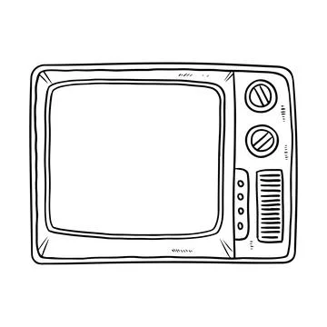 Retro TV doodle image. Cute vintage television black outline logo. Sketch lin Stock Illustration