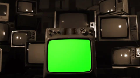 Retro TV with Green Screen Exploding Among Stacked Vintage TVs - Sepia - 4K Stock Footage 306158201