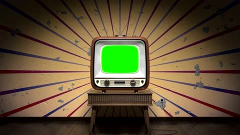 Retro TV receiver with green screen standing on a table, vintage wallpaper Stock-Footage 220723058