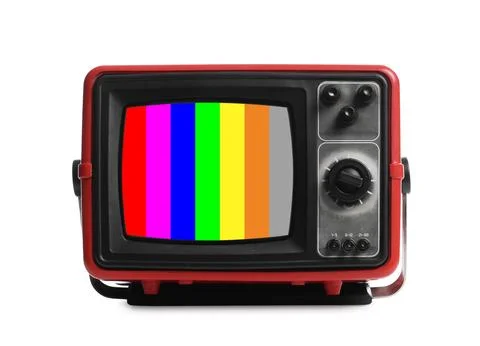 Retro TV set with test pattern on white background. Color bars on screen. N.. Foto stock
