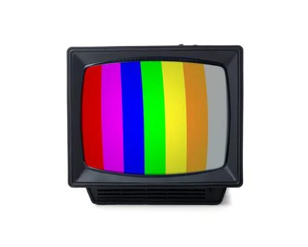 Retro TV set with test pattern on white background. Color bars on screen. N.. Foto stock