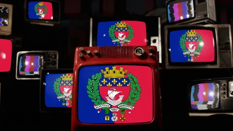 Retro TVs Stacked with the Flag of Paris on Screen - 4K Stock Footage 305579461