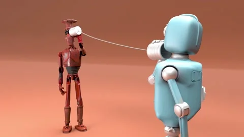Retro two robots talking on tin can phones. 3d render Stock Footage 235704977