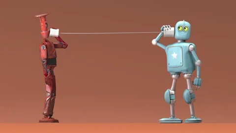 Retro two robots talking on tin can phones. 3d render Stock Footage 235936070