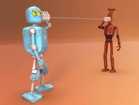 Retro two robots talking on tin can phones. 3d render Stock Illustration