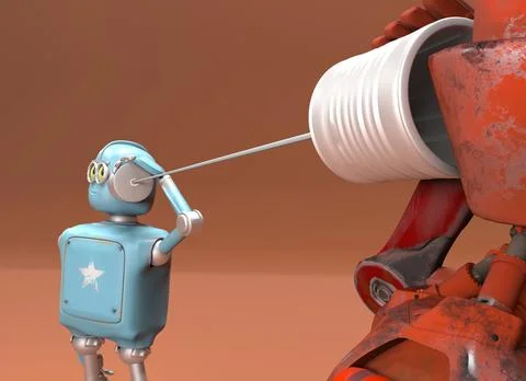 Retro two robots talking on tin can phones. 3d render Stock Illustration