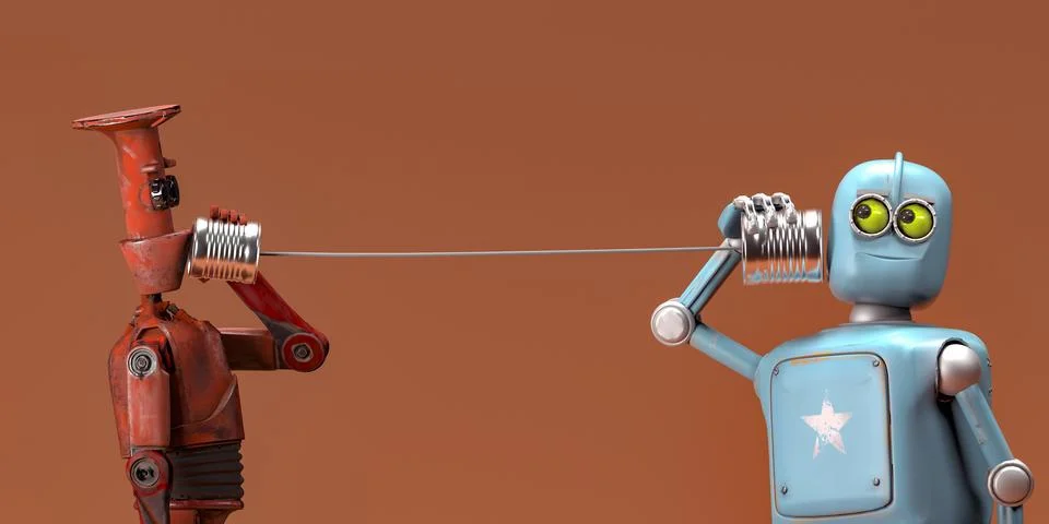 Retro two robots talking on tin can phones. 3d render Stock Illustration