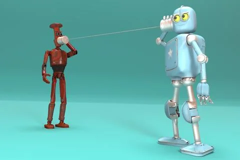 Retro two robots talking on tin can phones. 3d render Stock Illustration